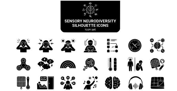 Sensory Neurodiversity Silhouette Icon Set Person Overwhelmed Noise Sensitivity Light Sensitivity Hyperfocus Executive Function Time Blindness Masking Stim ADHD Autism Emotional Regulation Meltdown 