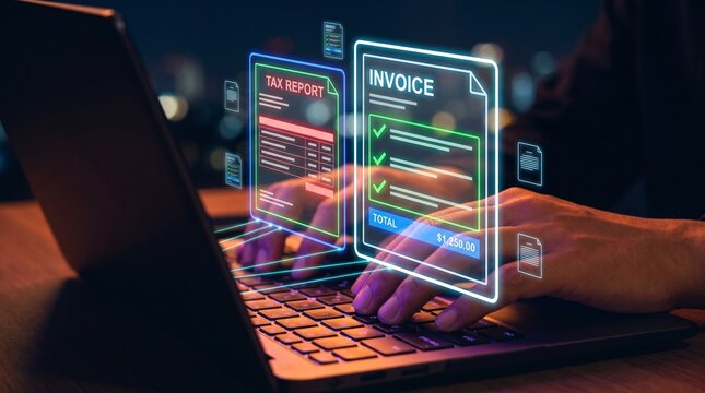 Digital Invoice and Tax Report Interface on Laptop in Dark Office