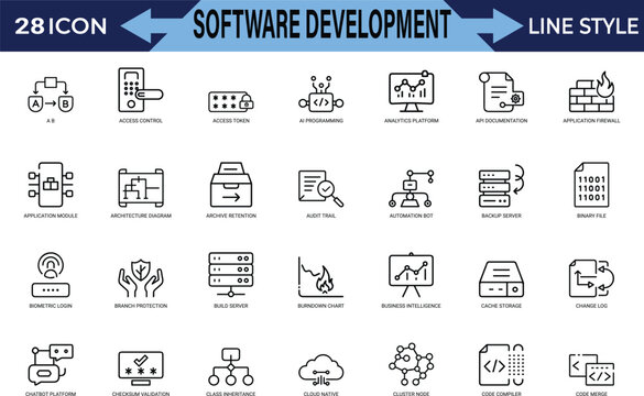 Software development line art icons set, database backup, application firewall, analytics platform, code optimization, cloud architecture, crash repair, Web icon, App icon, Outline icon, Editable stro