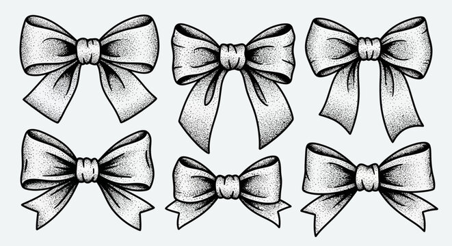 Vintage hand-drawn ribbon bow collection with elegant ink sketches for gift wrapping and decorative design elements