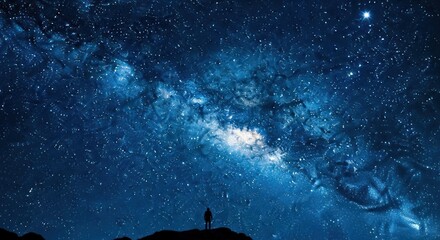 Fototapeta premium Silhouette of a solitary person observing the dense, bright stellar band of the cosmos overhead