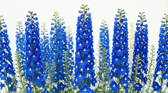 Tall spikes of vibrant blue delphinium flowers in a bright garden setting, perfect for floral design and nature-themed projects