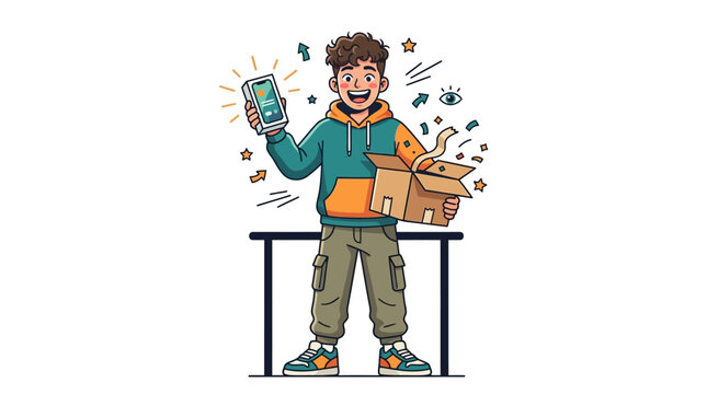 Vector illustration of a young man holding phone delivery packages, cardboard boxes and documents, surrounded by flying papers and dash lines. isolated on White Background eps