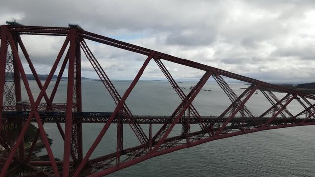 Forth Rail bridge with train drone footage