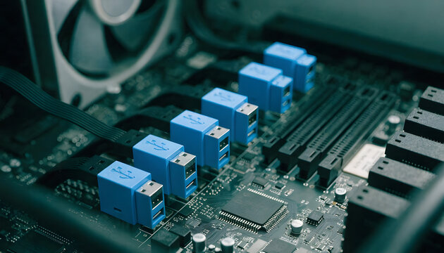 Closeup of multiple blue usb connectors plugged into a computer motherboard inside a pc case, showcasing internal hardware components and connectivity