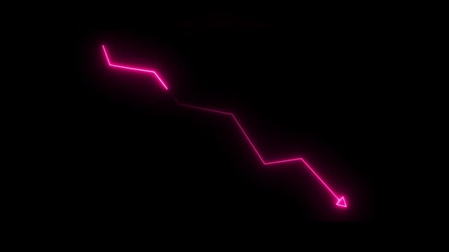 Neon glowing zigzag line with upward arrow on black background, global business shape line animation,Global real estate growth neon line graph with heart