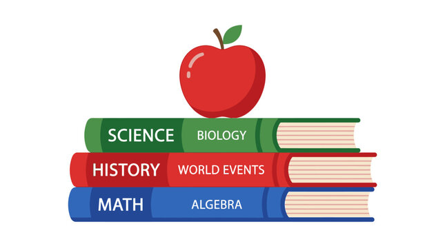 Stack of books with apple, education icons, school supplies, learning symbols isolated on White Background eps