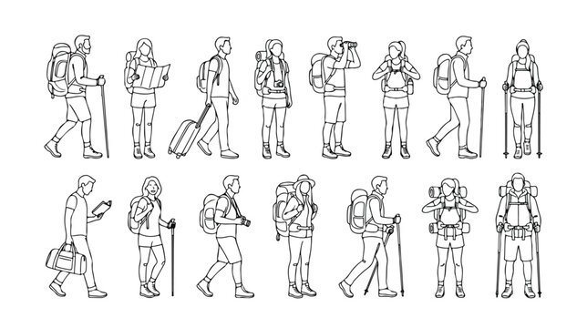 Minimalist line art hikers and travelers set, 15 black and white vector outline people with backpacks, trekking and backpacking characters for outdoor adventure