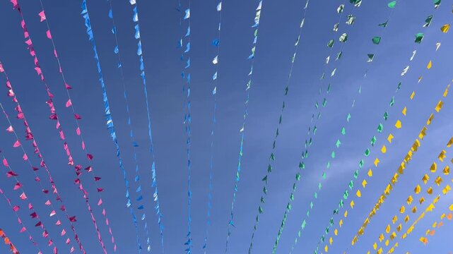 Colorful flags against blue sky