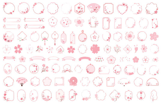 桜の花びらと和風の装飾フレームベクター素材セット、春の招待状、お祝いのカード、和菓子パッケージデザイン用 (EPS)