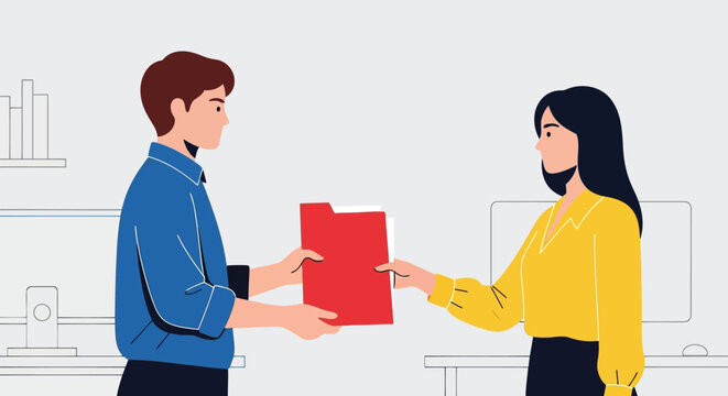 A man in a blue shirt handing a red folder to a woman in a yellow shirt in an office setting
