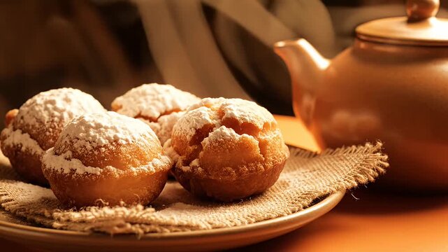 Golden fried pastries on a plate next to teapot.