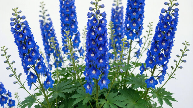Tall spikes of vibrant blue delphinium flowers with white centers, set against a clean white background for botanical or design use.
