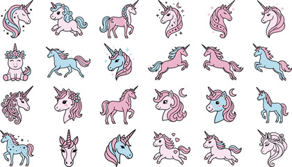 Collection of cute unicorn in pastel pink and blue colors featuring various poses and expressions isolated on a white background, for children projects © MD