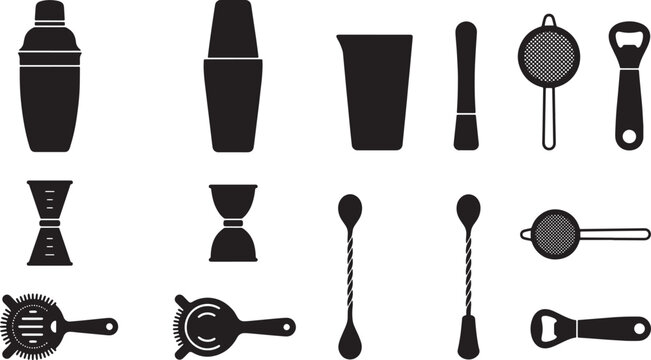 Set of bartender tools and cocktail equipment silhouettes for bar menu design and beverage preparation vector illustration