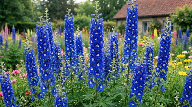 Tall blue delphinium flowers bloom in a vibrant garden with colorful blooms and a rustic house in the background
