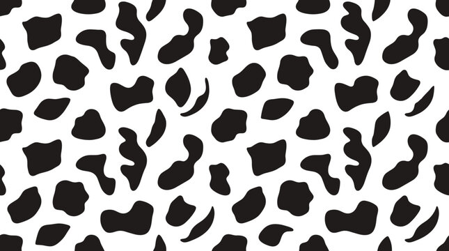 Seamless pattern featuring irregular black organic shapes and blotches scattered across a plain white background, resembling cow hide, or dalmatian fur texture