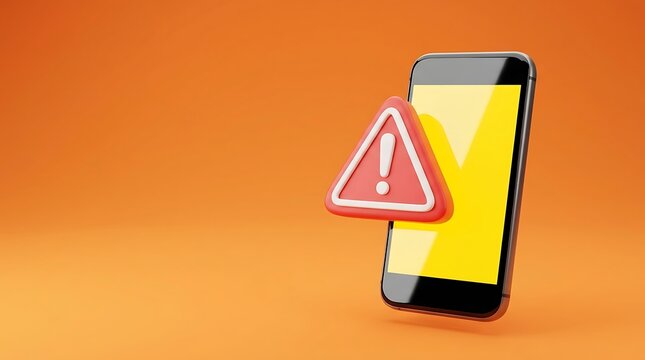 Smartphone with a prominent red warning sign on its yellow screen, symbolizing critical alerts and digital security issues. A modern mobile phone concept for error messages, system notifications