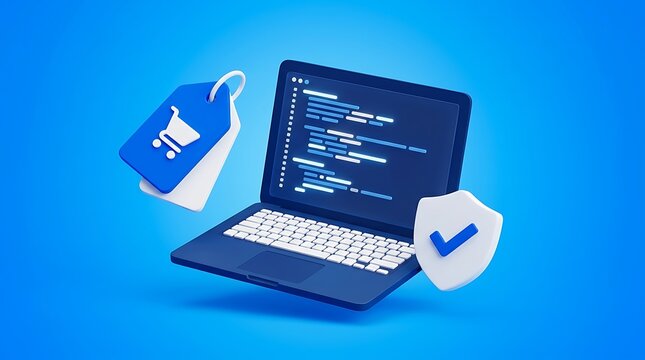 E-commerce development concept, secure online shopping, laptop with code, shopping cart tag, shield with checkmark, digital retail solution, web security, software engineering