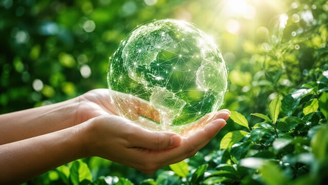 Caring human hands hold glowing green digital earth with global network