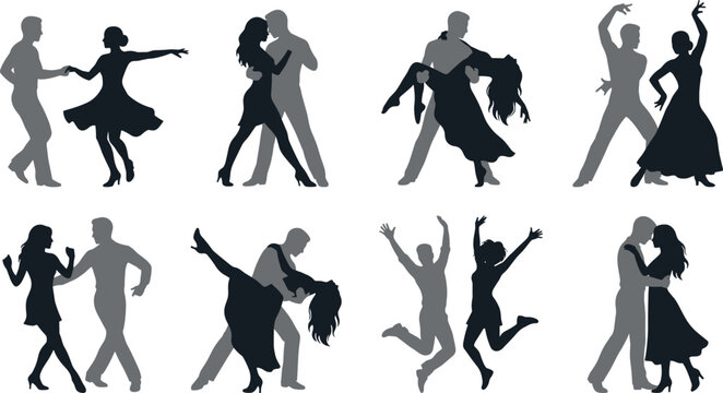 Set of ballroom dancing couples in various dynamic poses, silhouettes of men and women performing dance steps, isolated on a white background, black and grey figures