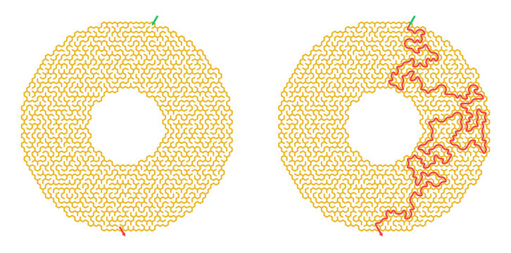 Maze illustration featuring a circular design with a clear path solution highlighted in red, suitable for printing and educational purposes