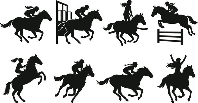 Set of black silhouettes of women horseback riding and jumping over obstacles on a white background