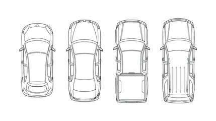Minimalist car outline vector set, top view vehicle blueprints for architectural site plans, 4 modern sedan and pickup truck wireframe icons © HayeGareebi