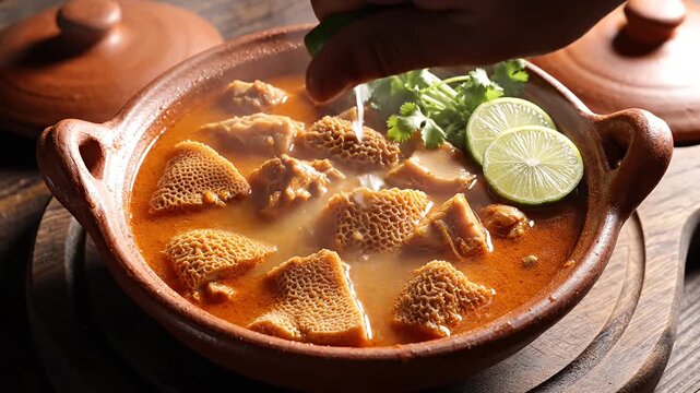 Hand squeezing lime over spicy tripe soup in clay bowl