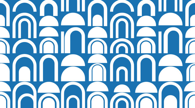 Seamless pattern of white geometric arches and semicircle shapes arranged in a repeating vertical grid on a solid blue background, for textile or, wallpaper surface