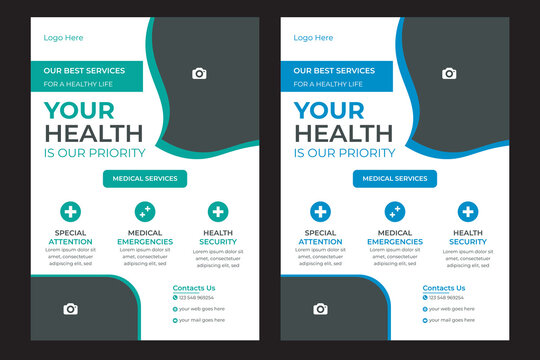 Layout template, brochure background. Vector design. A4 size for poster, flyer or cover. Medical flyer post template. Modern banner design with blue color ribbon decoration and place for the ph