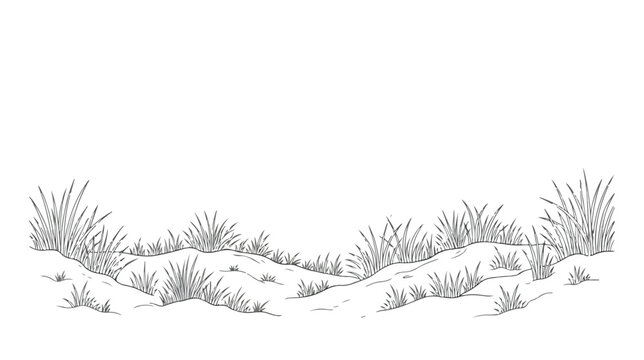 Hand drawn grass on sand dunes vector illustration, vintage line art coastal landscape, black and white beach grass tufts on sandy hills