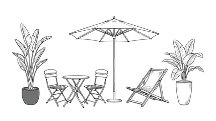 Minimalist patio furniture vector set, outdoor garden cafe table and chairs with sun umbrella, hand drawn deck chair and potted tropical plants © HayeGareebi