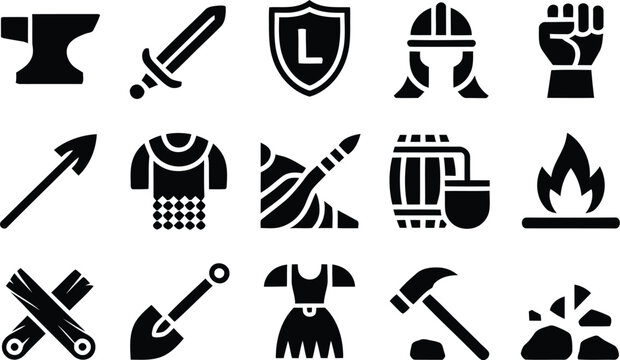 Medieval, smithy icons set, solid style vector symbols featuring anvil sword shield and armor plate for blacksmith heraldry fantasy and medieval design themes.