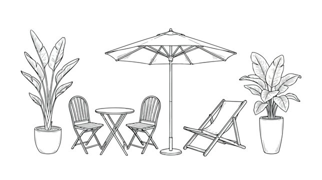 Minimalist outdoor furniture line art vector, patio dining set with beach umbrella and deck chair, tropical potted plants for garden landscape design