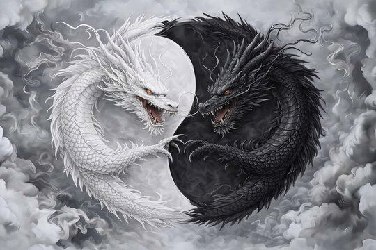 due draghi gemelli uno bianco e uno nero formano il simbolo dello yin e dello yang, two twin dragons, one white and one black, form the yin and yang symbol