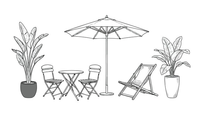 Minimalist patio furniture vector set, outdoor garden cafe table and chairs with sun umbrella, hand drawn deck chair and potted tropical plants