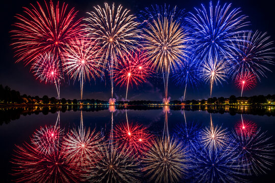 Grand display of red white and blue fireworks reflecting on calm lake water surface during night show.