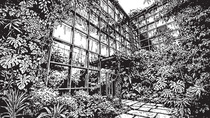 Dramatic black and white image of a building facade overtaken by lush creeping vegetation creating a striking contrast © Graphicslover