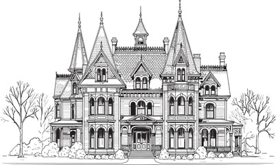 Intricate sketch of a gothic revival mansion a detailed architectural illustration © Graphicslover