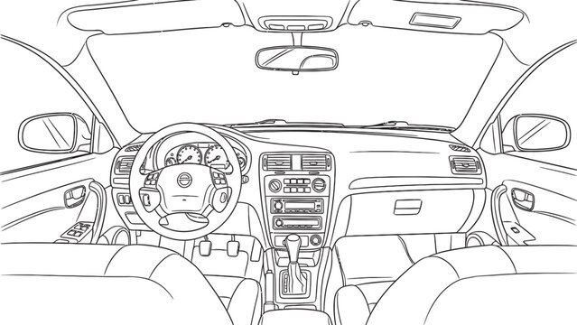 Detailed line drawing of a car dashboard and interior showing controls and features