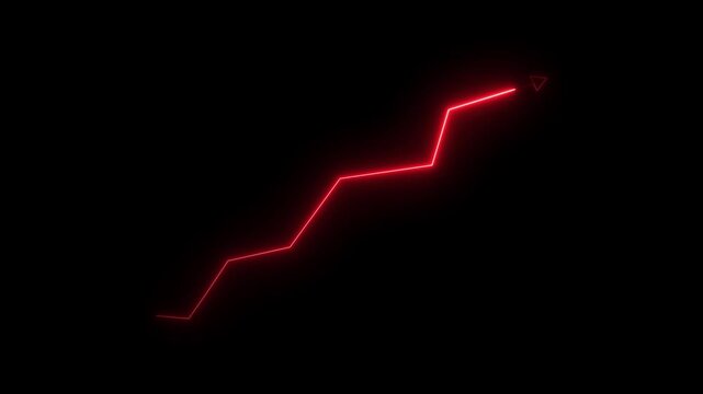 Neon glowing zigzag line with upward arrow on black background, global business shape line animation,Global real estate growth neon line graph with heart