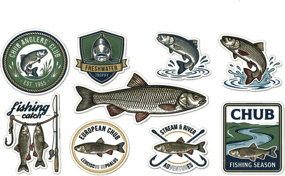 European Chub Fishing Badge and Emblem Set with Vintage Freshwater Fish Illustrations for Angling Clubs Apparel and Outdoor Adventure Designs
