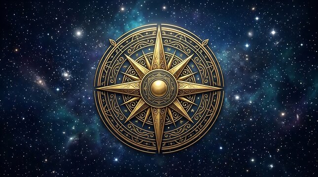 Intricate golden compass symbol overlaid on a starfilled galaxy background for navigation or celestial themes