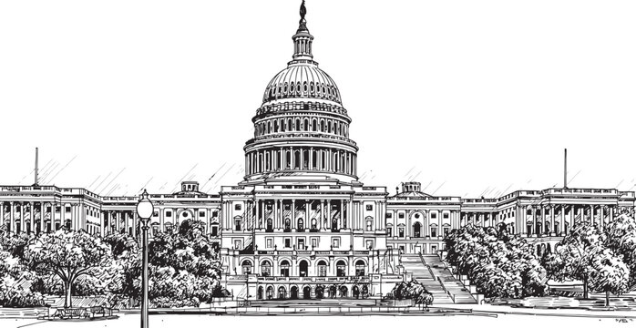 Detailed black and white sketch of a grand capitol building with intricate architectural details and surrounding structures