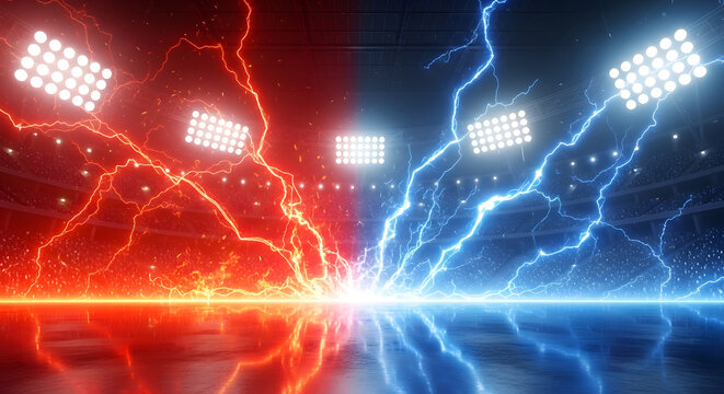 Sports Arena Stage with Dramatic Red and Blue Lightning Energy Explosion Effects