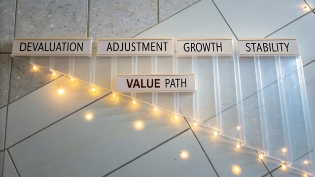 Value Path Concept Illustrating Economic Phases: Devaluation, Adjustment, Growth, and Stability with Warm Lighting
