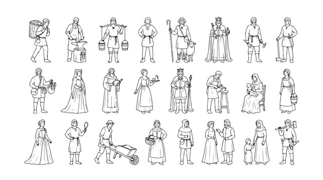 Medieval people line art set, 24 historical middle ages characters vector, vintage peasant and royalty figures, ancient village life illustrations