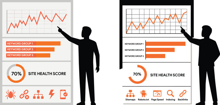 Digital marketing professional analyzing search engine optimization metrics on a data dashboard showing site health score keyword performance and technical website audit results for growth.