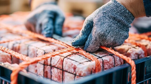 Closeup of gloved hands fastening a tamperevident strap tightly around a frozen poultry crate emphasizing secure packaging with blurred background details.